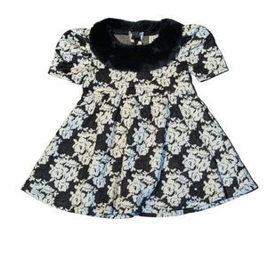Janie and Jack Black & White Floral Faux Fur Collar Dress Baby Girl 12-18 Months